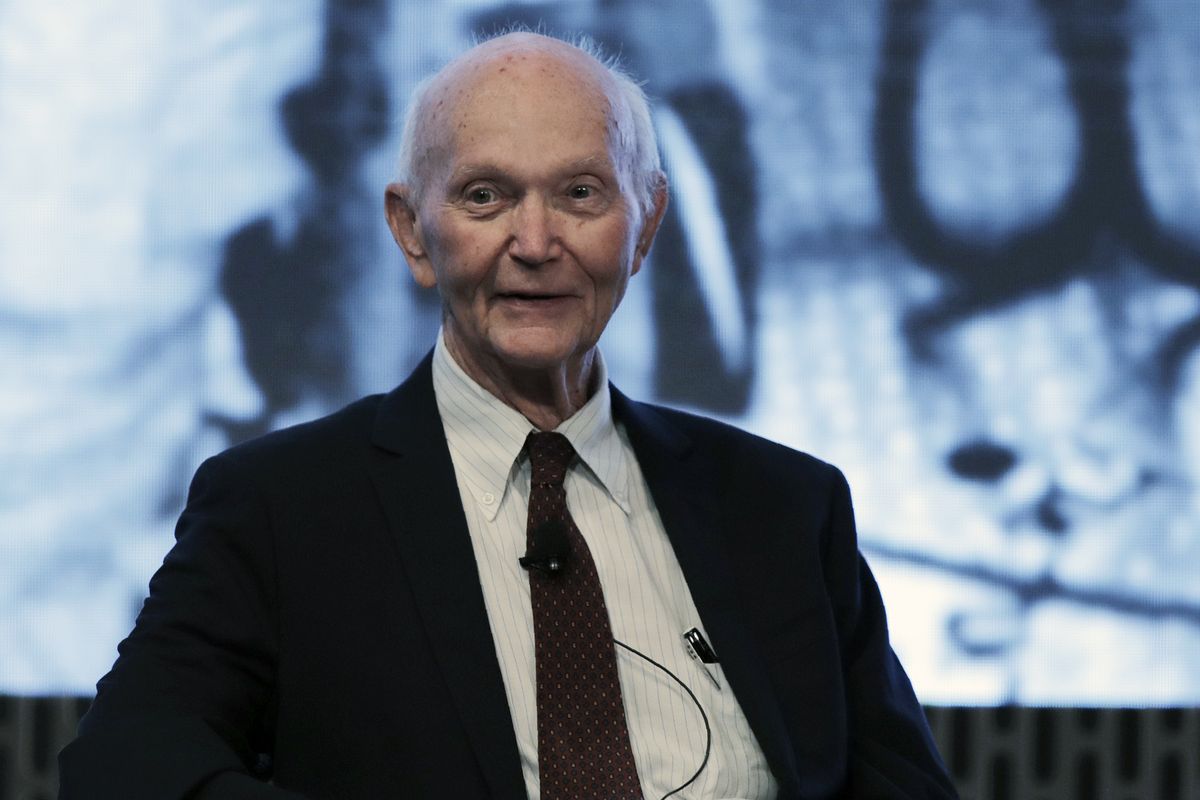 FILE - In this Wednesday, June 19, 2019 file photo, astronaut Michael Collins attends the JFK Space Summit at the John F. Kennedy Presidential Library in Boston. Collins, who piloted the ship from which Neil Armstrong and Buzz Aldrin left to make their historic first steps on the moon in 1969, died Wednesday, April 28, 2021, of cancer, his family said. He was 90.  (Charles Krupa)