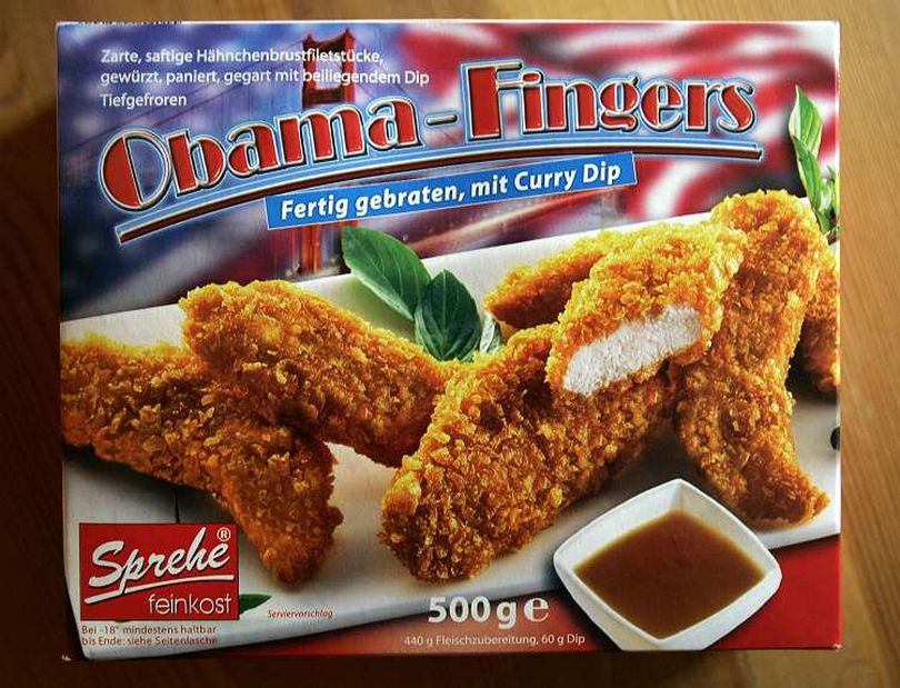 Obama fried chicken fingers with curry sauce, anyone? A new tempting product from a German frozen food company. Credit: AP (Michael Probst / The Spokesman-Review)