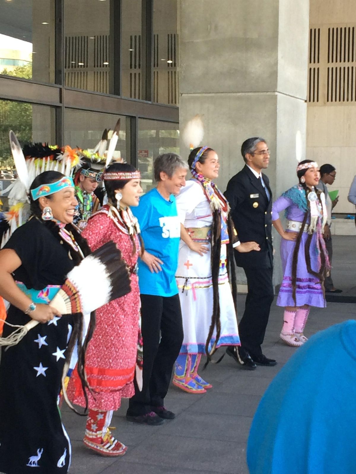 Coeur d’Alene Tribe members dance to “Powwow Sweat” in Washington D.C. on Tuesday, Sept. 27, 2016. From left to right: Lovina Louie, Valerie Adrian, U.S. Secretary of the Interior Sally Jewell, Shedaeza Hodge, U.S. Surgeon General Vivek Murthy, Imani Atone. (Coeur d’Alene Tribe)