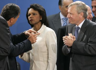 Secretary of State Condoleezza Rice confers with her Italian counterpart Franco Frattini, left, and NATO Secretary-General Jaap De Hoop Scheffer  on Tuesday.  (Associated Press / The Spokesman-Review)