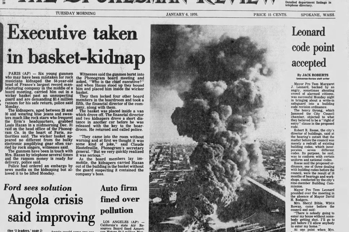 A proposal to give building inspectors the “right-of-entry” to building inspectors brought an angry crowed to the Spokane City Council meeting, The Spokesman-Review reported on Jan. 6, 1976. The newspaper also ran wire coverage of the kidnapping of Louis Hazan, a French record company executive who was taken by kidnappers during a company board meeting in Paris. The kidnappers demanded $3.4 million in ransom. Hazan was found safe, but bound and gagged in a cupboard of a country home a couple days later. Wire coverage at the time said the ransom was not paid.  (Spokesman-Review archives)