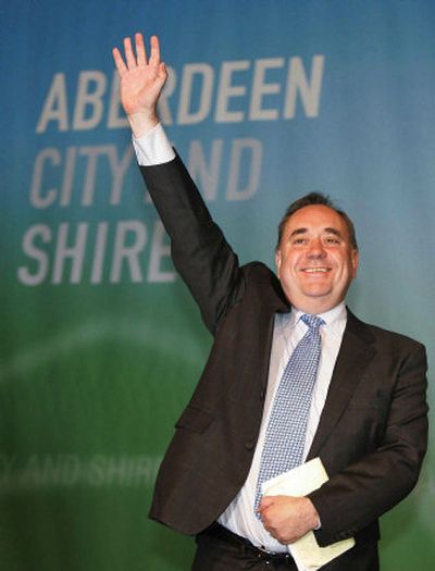 
Scottish National Party  leader Alex Salmond celebrates election returns in Aberdeen, Scotland, on Thursday.
 (Associated Press / The Spokesman-Review)
