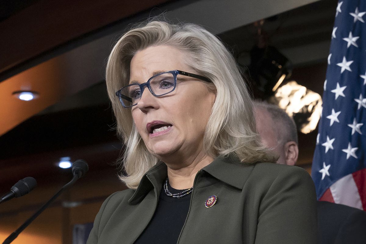 FILE - In this Dec. 17, 2019 file photo, Rep. Liz Cheney, R-Wyo., speaks with reporters at the Capitol in Washington. A deepening divide among Republicans over President Donald Trump