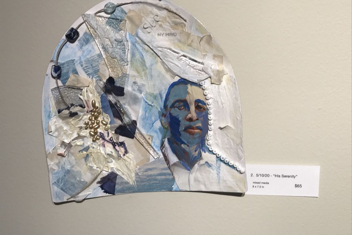 “His Serenity,” a mixed media collage by Tracy Poindexter-Canton. The artist created the piece on Day 2 of her 30-day quarantine art challenge. The soft blues that resulted were unexpected and not typical of her style, she said. It’s “one of my favorites,” Poindexter-Canton said.  (Nina Culver/For The Spokesman-Review)
