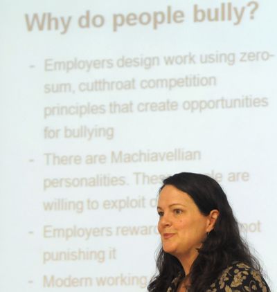 Professor Molly Pepper leads a discussion in her hate studies class at Gonzaga University Tuesday, Mar. 28, 2009.  Pepper often get the class into discussions, which tackled bullying and the lack of civility in the workplace and society Tuesday.   JESSE TINSLEY THE SPOKESMAN-REVIEW (Jesse Tinsley / The Spokesman-Review)