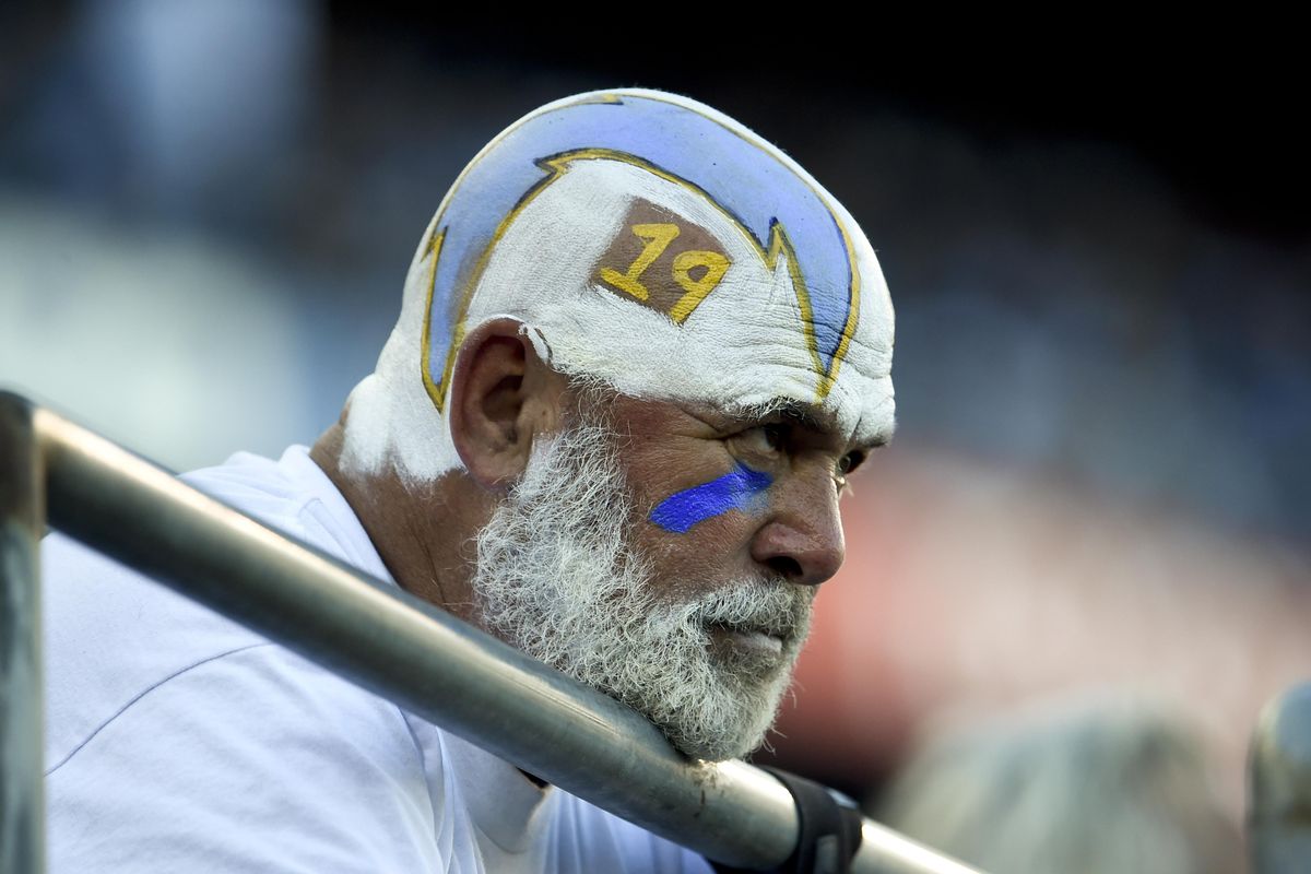 A San Diego Chargers fan looks on during the second half of an NFL football game against the Tennessee Titans Sunday, Nov. 6, 2016, in San Diego. Voters in San Diego have overwhelmingly rejected a measure that would have raised $1.15 billion from increased hotel occupancy taxes to help pay for a new stadium for the Chargers. (Denis Poroy / Associated Press)