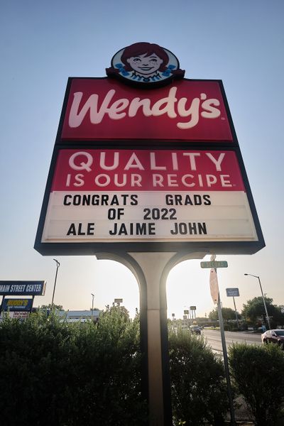 A sign at the Wendy’s fast food restaurant is shown in Uvalde, Texas.  (Carlos Escalona/Zuma Press/TNS)