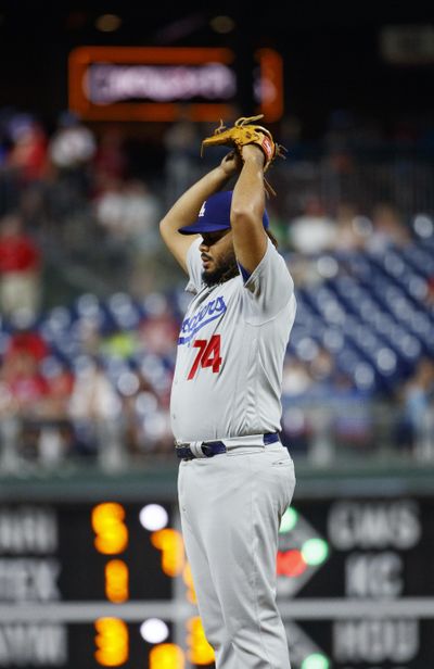 Los Angeles Dodgers relief pitcher Kenley Jansen stretches during the ninth inning of the team’s baseball game against the Philadelphia Phillies, Tuesday, July 16, 2019, in Philadelphia. Philadelphia won 9-8. (Matt Slocum / Associated Press)