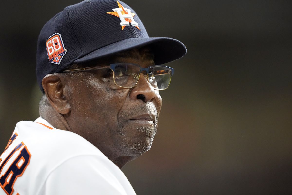 Houston Astros manager Dusty Baker Jr. looks at the scoreboard during the second inning of a baseball game against the Seattle Mariners Tuesday, May 3, 2022, in Houston. (David J. Phillip)