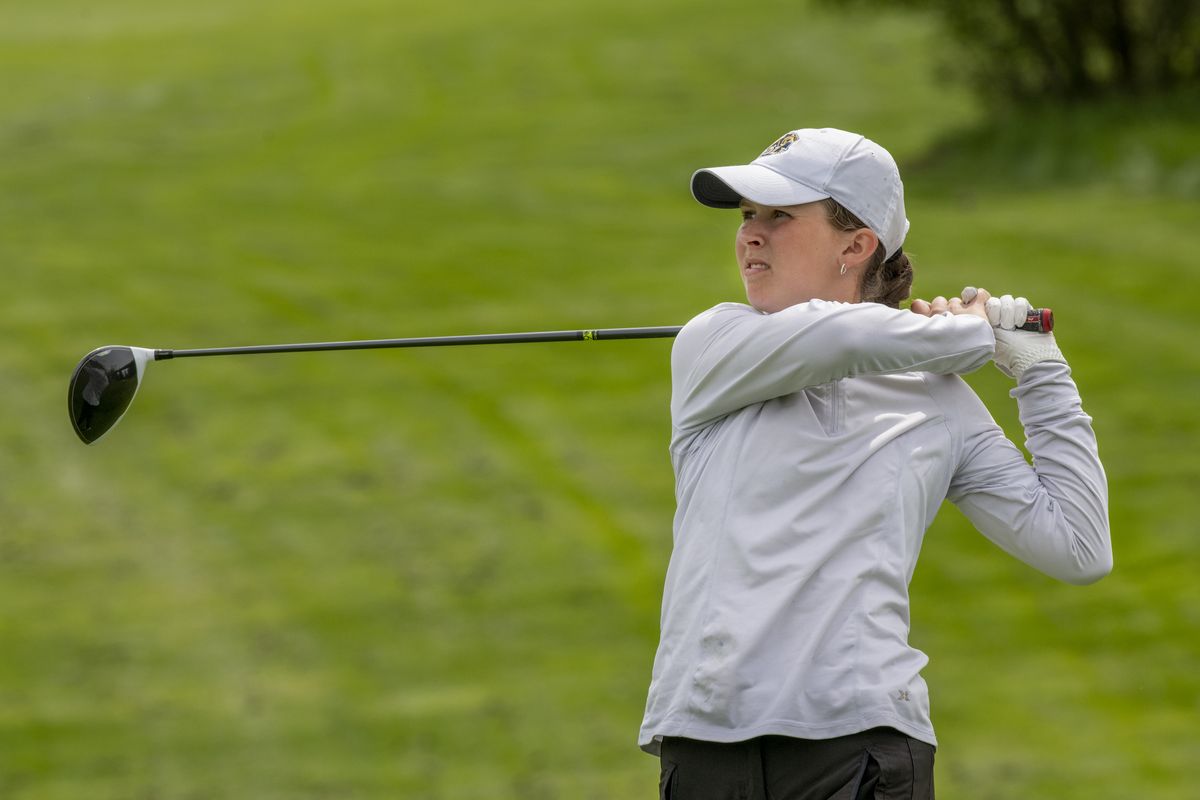 Mead’s Taylor Mularski, the girls State 3A first-round leader, launches a drive on No. 10 that led to a birdie during her 4-under-par 68 Tuesday at MeadowWood Golf Course.  (Jesse Tinsley/THE SPOKESMAN-REVIEW)