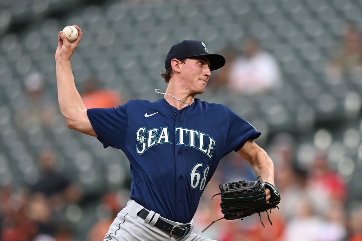 Seattle Mariners pitcher George Kirby throws against the Baltimore Orioles in the first inning of a baseball game Tuesday, May 31, 2022, in Baltimore.  (Gail Burton)