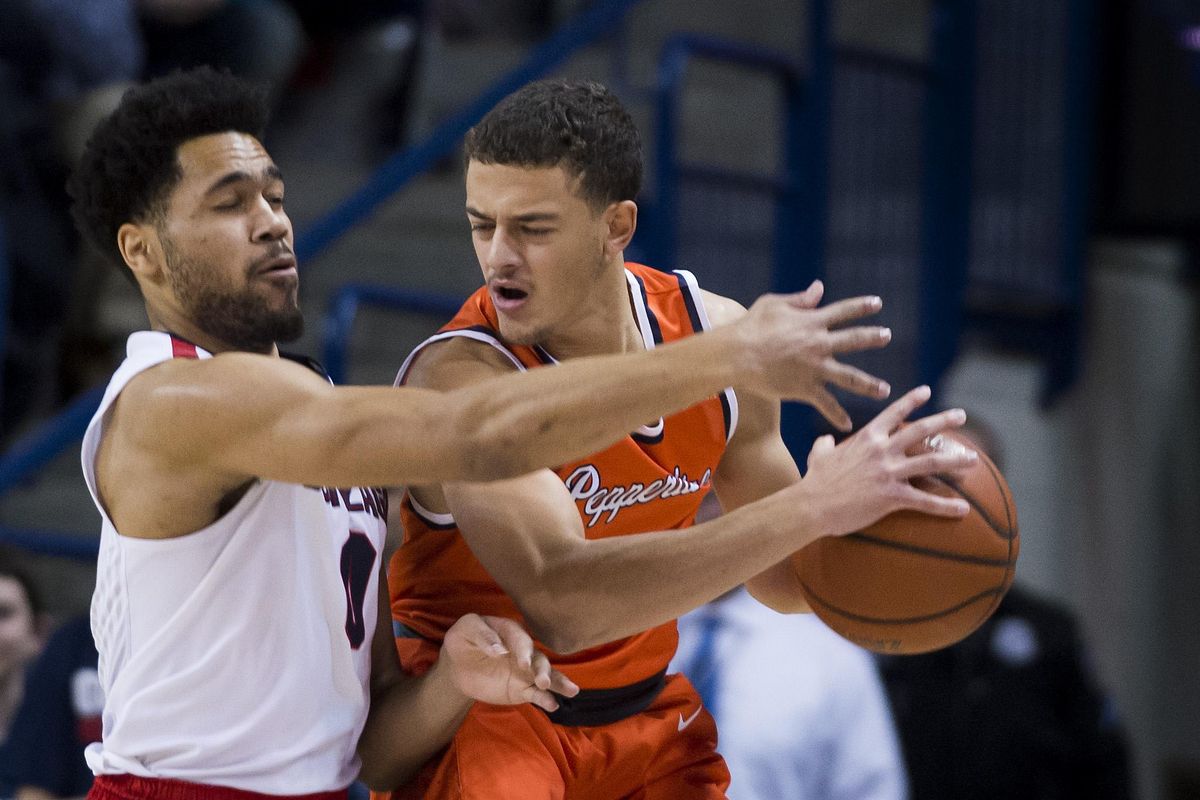 Gonzaga guard Silas Melson (0) defends Pepperdine guard Elijah Lee (with ball) during the first half of a NCAA college basketball game, Thurs., Dec. 29, 2016, in the McCarthey Athletic Center. (Colin Mulvany / The Spokesman-Review)