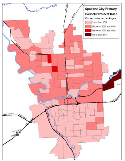 This is a computer generated map of the votes  in the Spokane City primary for Steve Corker in the Spokane Council President race, based on ballots counted on election night. (Jim Camden)