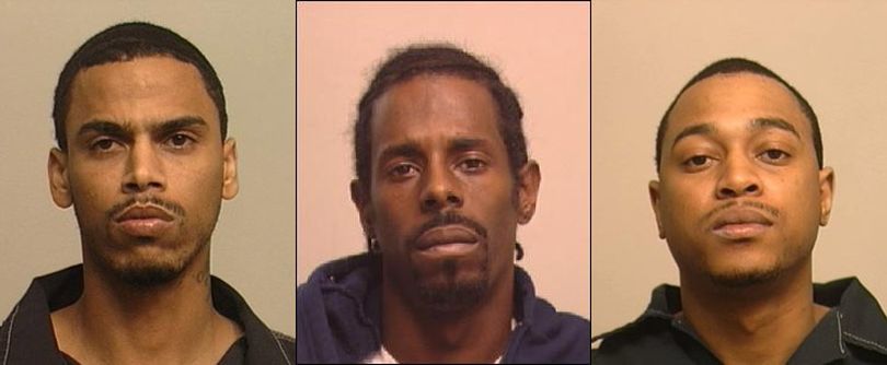 Spokane police are looking for, from left, Edward Thomas on charges of first-degree murder and attempted first-degree murder; Marc Carter on a charge of conspiracy to commit second-degree assault; and Christopher Route on a charge of first-degree rending criminal assistance. The three men were at large as of June 3, 2010. (Courtesy of Spokane Police Department)