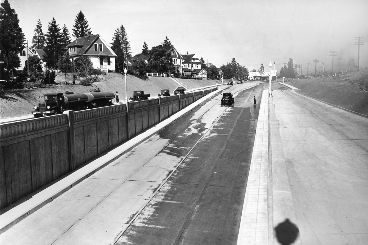 Sept. 18, 1936: Looking east, showing the interchange of the Inland Empire Highway and the Sunset Highway on the west side of Spokane.