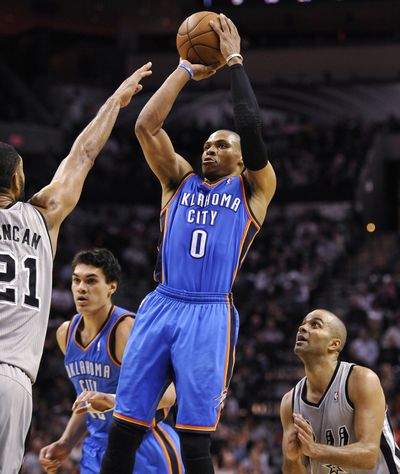 Oklahoma City’s Russell Westbrook scored 31 points in a victory over San Antonio on Saturday. (Associated Press)
