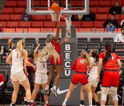 Gonzaga forward Yvonne Ejim scores against Washington State in a 2023 game at Beasley Coliseum in Pullman.  (Geoff Crimmins/For The Spokesman-Review)