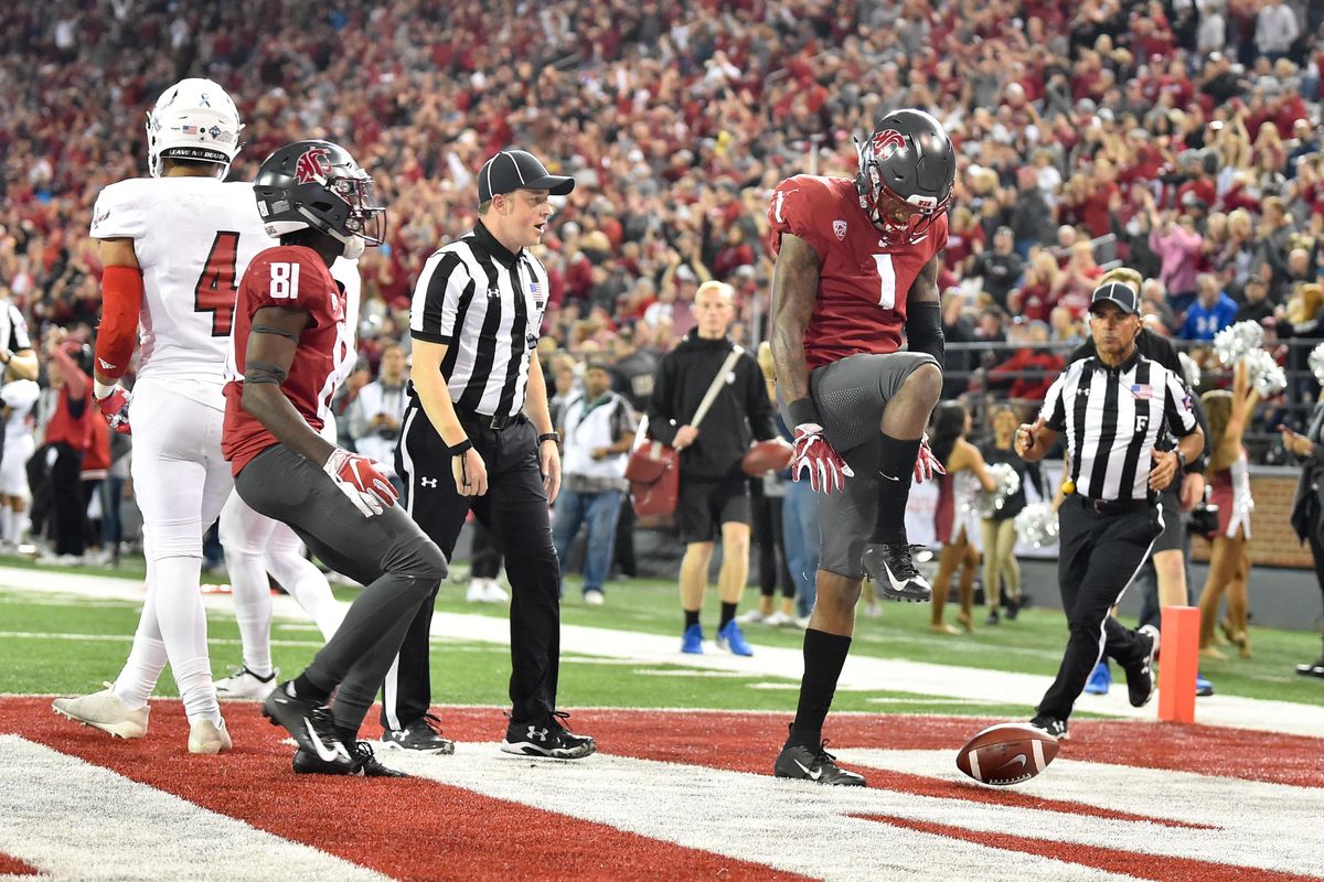 Washington State Cougars wide receiver Davontavean Martin (1) reacts after he caught a touchdown pass during the second half of a college football game on Saturday, September 15, 2018, at Martin Stadium in Pullman, Wash. WSU won the game 59-24. (Tyler Tjomsland / The Spokesman-Review)