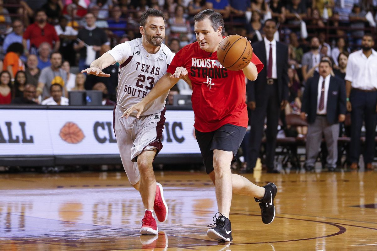 Senator Ted Cruz dribbles past Jimmy Kimmel during the Blobfish Basketball Classic and one-on-one interview at Texas Southern University’s Health & Physical Education Arena Saturday, June 16, 2018 in Houston. Cruz challenged Kimmel to the game after Kimmel blamed the Houston Rockets playoff loss on the senator. Cruz won 11-9. (Michael Ciaglo/Houston Chronicle via AP)