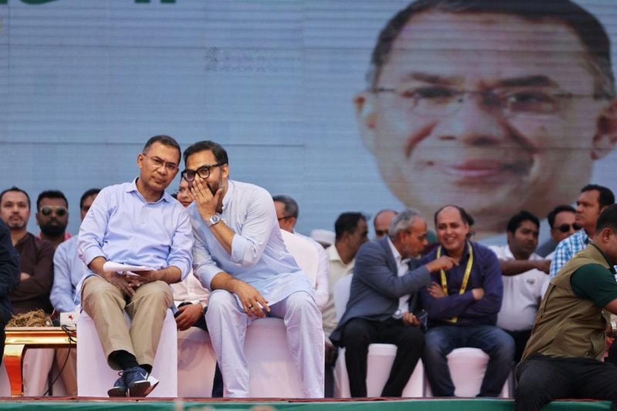 Bangladesh Nationalist Party (BNP) chairman Tarique Rahman sits on stage before delivering his speech at an election campaign rally, ahead of the national election at Pallabi, on Sunday in Dhaka, Bangladesh.  (Reuters )