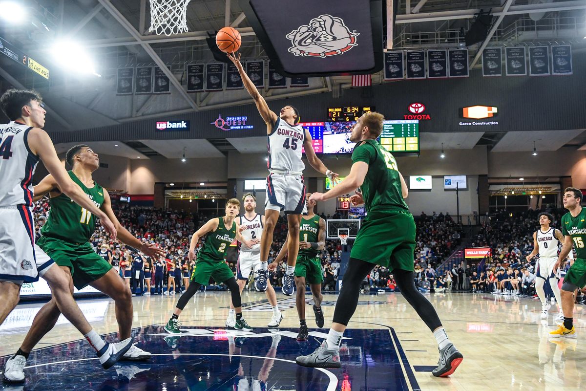 Gonzaga guard Rasir Bolton launches a finger roll down the lane against San Francisco, Thursday, Jan. 20, 2022 in the McCarthey Athletic Center.  (Dan Pelle/THE SPOKESMAN-REVIEW)