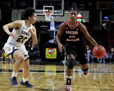 Eastern Washington’s Violet Kapri Morrow drives to the basket during the Eagles’ Big Sky Tournament semifinal victory over Northern Colorado on Thursday  in Boise. (Skyline Sports / Courtesy)