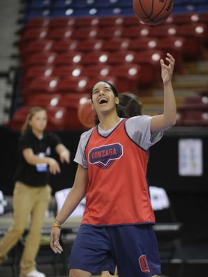 Gonzaga's Vivian Frieson has a laugh during practice Friday,  March 26, 2010, in Sacramento's Arco Arena. (Colin Mulvany / The Spokesman-Review)