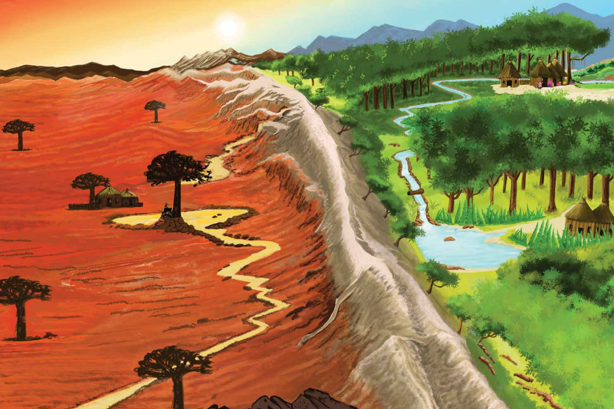 An illustration by Alejandro Echavez from inside “A Tall Tale,” showing the setting of the children’s book.  (Courtesy of Expound Publicity )
