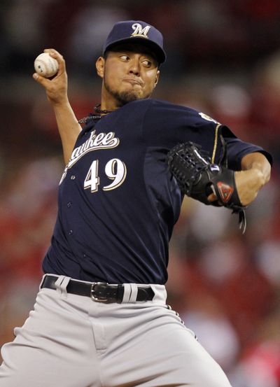 Brewers’ Yovani Gallardo struck out 13 in win over Reds.