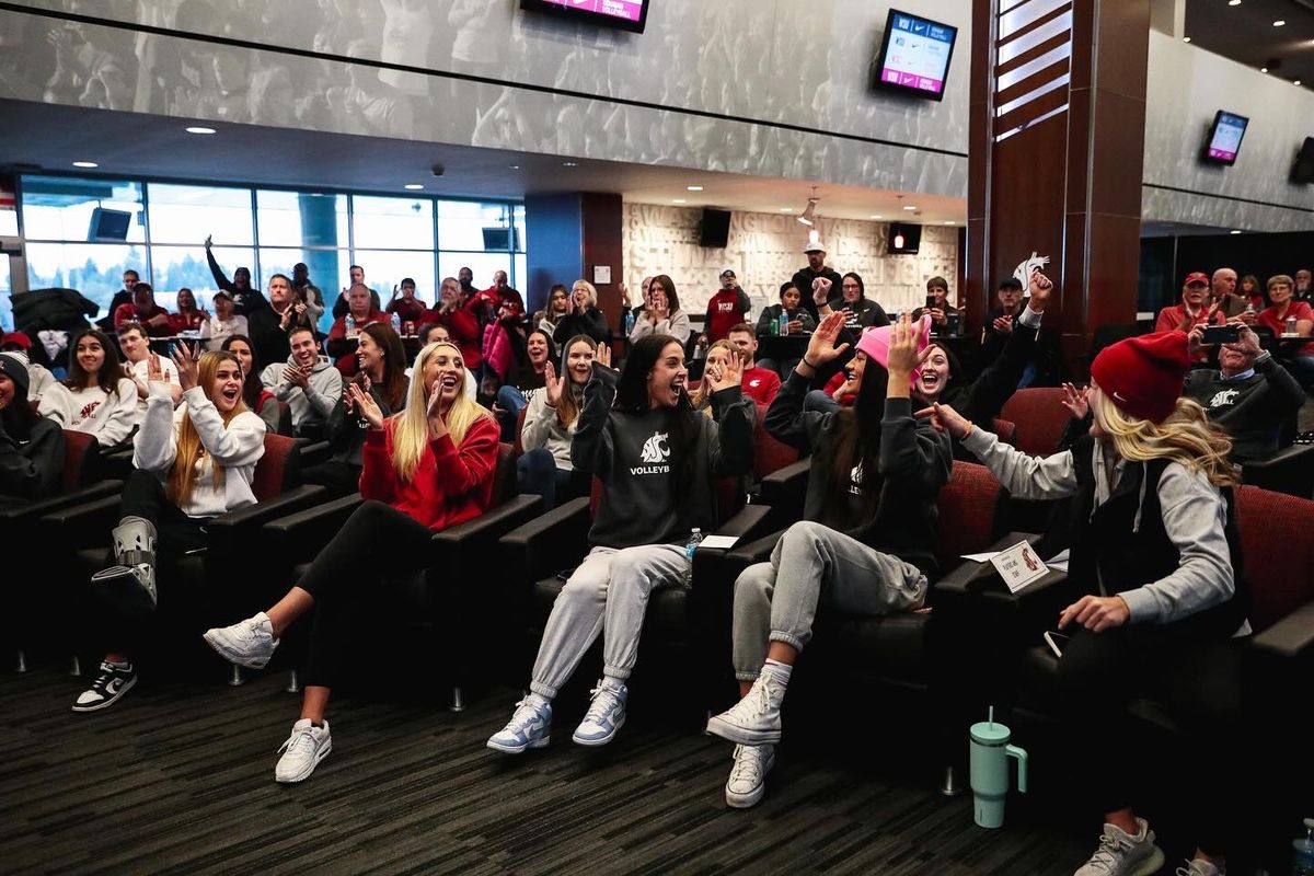 The Washington State volleyball team reacts during the NCAA Tournament selection show on Sunday in Pullman.  (Courtesy of WSU Athletics)