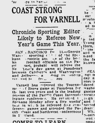 George Varnell, sports editor for the Spokane Daily Chronicle, was the top pick to referee the 1921 Rose Bowl.  (S-R archives)