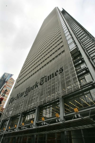 The New York Times building is shown in New York. With revenue plunging  many newspaper companies have turned to selling off their buildings to raise money or save on costs. The New York Times Co. plans to raise $225 million from its new, 52-story Manhattan headquarters, either through a leaseback or a mortgage.  (Associated Press / The Spokesman-Review)