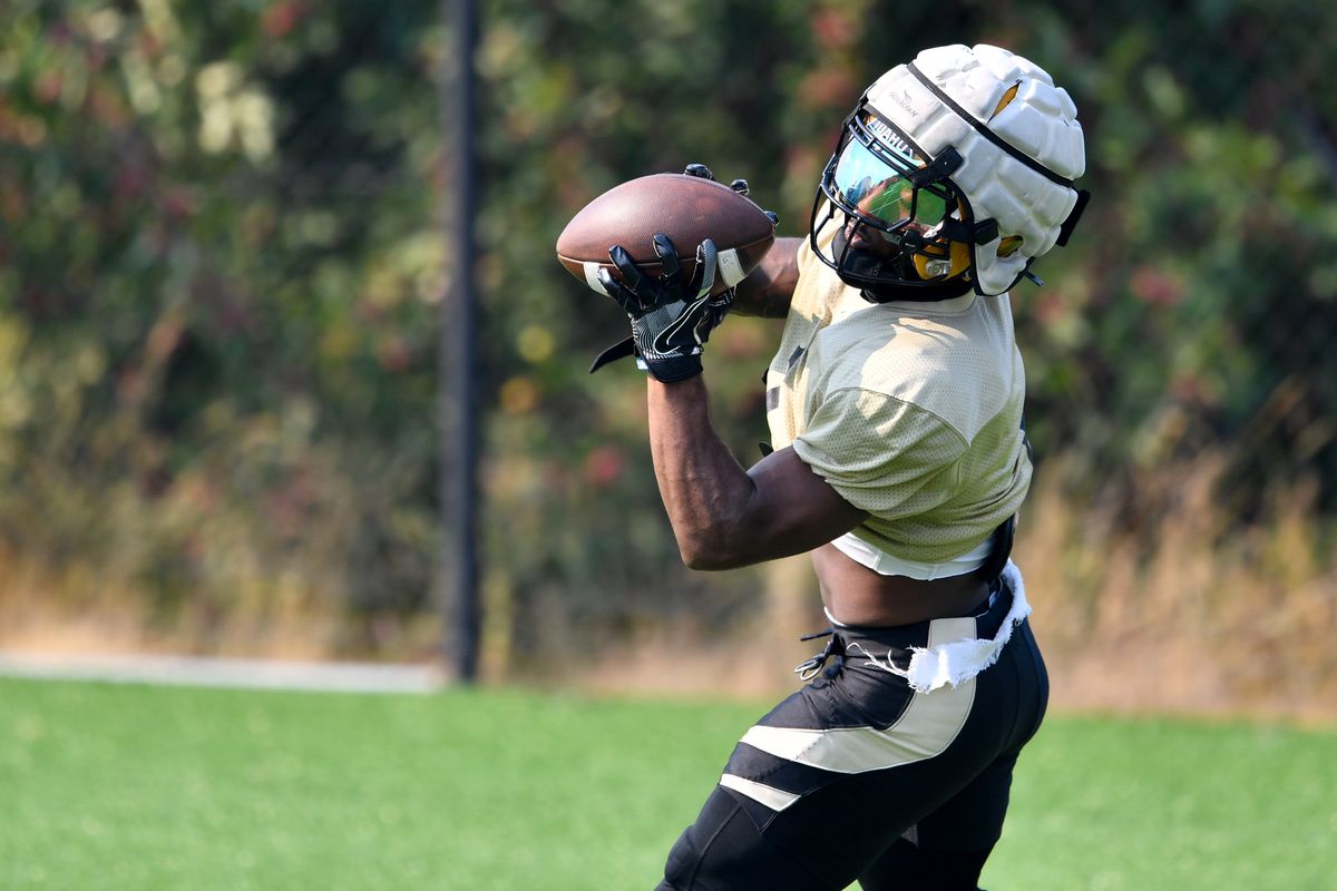 Idaho Vandals wide receiver Jermaine Jackson (1) hauls in a pass during a fall camp practice on Wednesday, Aug. 16, 2023, at the University of Idaho in Moscow, ID.  (Tyler Tjomsland/The Spokesman-Review)