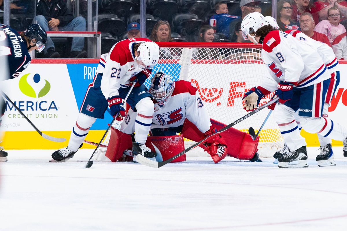 Spokane Chiefs goalie Carter Esler covers a puck against the Tri-City Americans at Numerica Veterans Arena on Sept. 27, 2025. (Larry Brunt)