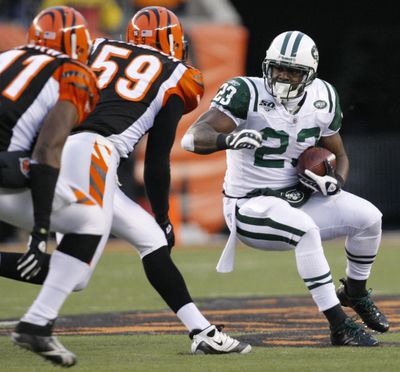 Jets rookie running back Shonn Greene had 135 yards rushing in his playoff debut.   (Associated Press)