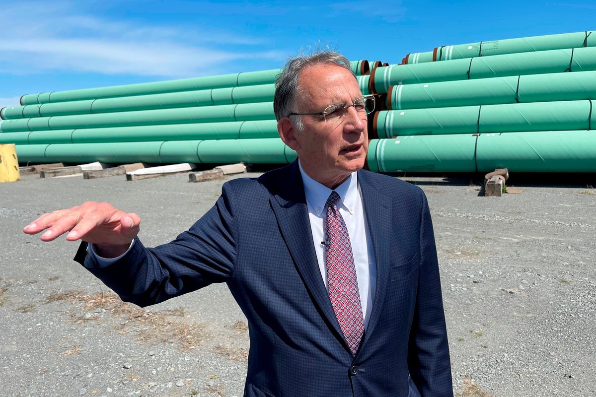 Sen. John Boozman, R-Ark., talks to reporters while visiting Welspun Pipes in Little Rock, Ark., on March 25.  (Andrew DeMillo)