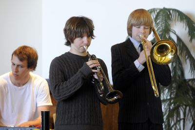 At Holy Names Music Center,  jazz band members, from left, Karsten Becker, Schuyler Asplin and Geoffrey Katzer rehearse “Cantaloupe Island” June 9. (Jesse Tinsley / The Spokesman-Review)