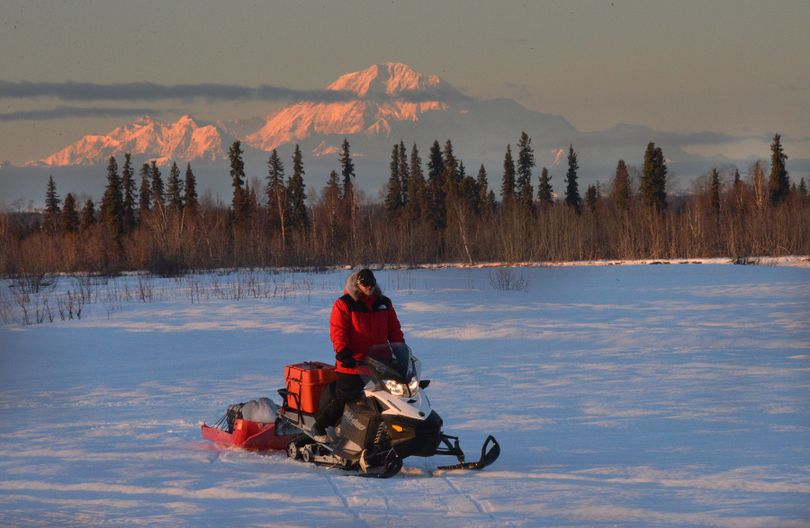 Josh Rindal of Spokane pauses on the Yentna with Mount McKinley in the background on Day 1 -- Feb. 28, 2014 -- of his 1,400-mile snowmobile trip along Alaska's Iditarod Trail. He's traveling with Bob Jones of Kettle Falls, a veteran of 20 trips along the famous sled dog route. (Robert Jones)