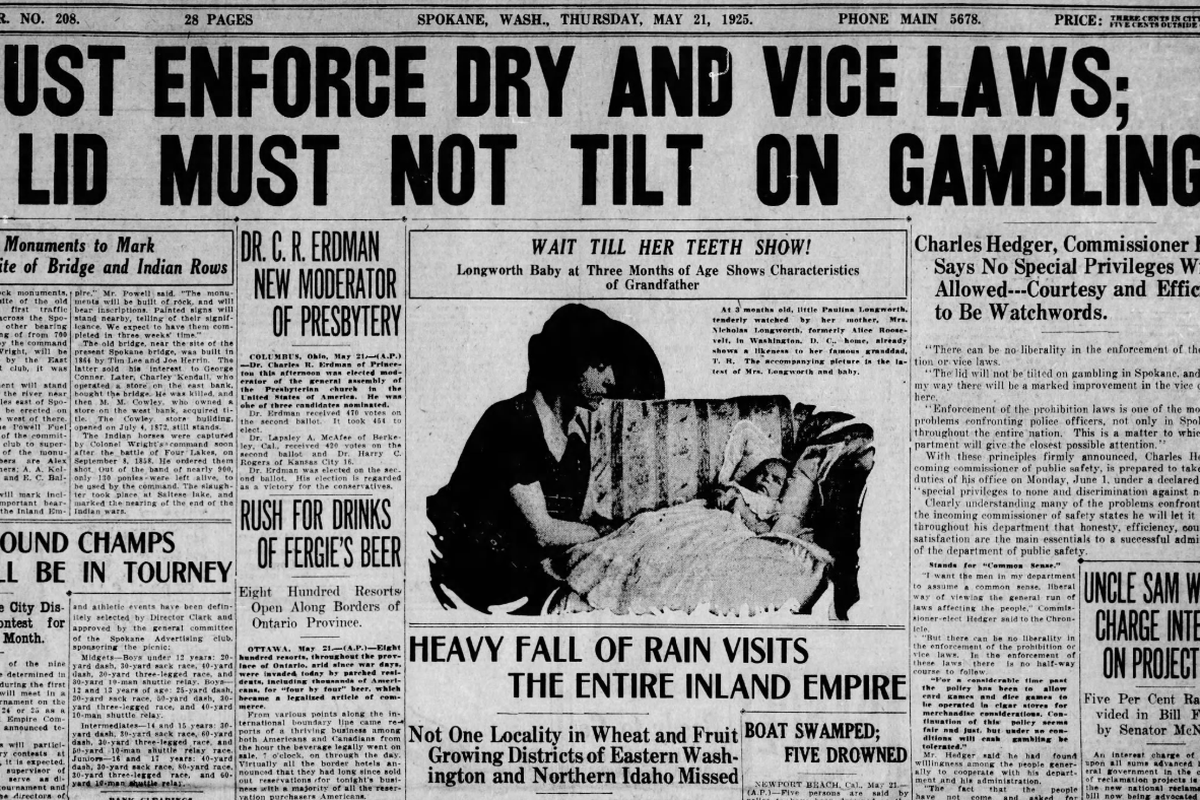 Charles Hedger, Spokane’s incoming commissioner of public safety, who had been rumored to be more sympathetic to bootleggers when he ran for office, warned that he would strictly enforce Prohibition and vice laws, the Spokane Daily Chronicle reported on May 21, 1925. The newspaper also reported that the Sprague Improvement Club announced that it would erect a monument at the site for the first bridge, called the Cowley Bridge, over the Spokane River and at the site where Col. George Wright ordered the slaughter of hundreds of tribal horses in 1858.  (Spokesman-Review archives)