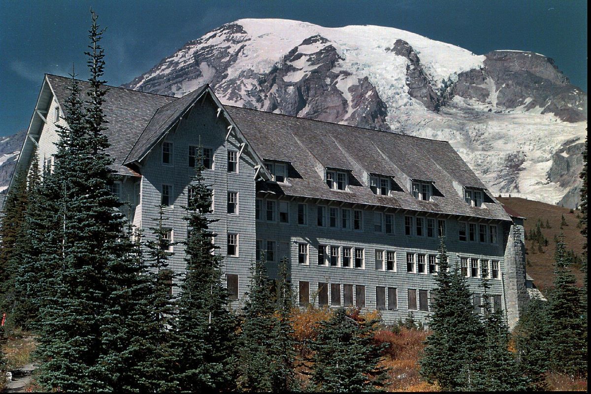 The Paradise Inn stands with Mount Rainier in the background in Mt. Rainier National Park in Wash., on Tuesday, Oct. 1, 1996. (GARY KISSEL / Associated Press)