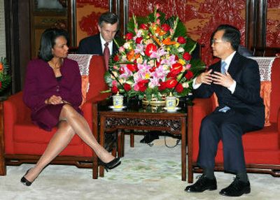 
U.S. Secretary of State Condoleezza Rice meets with Chinese Premier Wen Jiabao in Beijing on Friday. 
 (Associated Press / The Spokesman-Review)