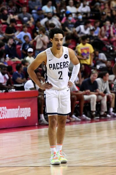 Indiana’s Andrew Nembhard waits for the action to restart Friday during an NBA Summer League game against Charlotte at the Thomas & Mack Center in Las Vegas.  (Courtesy/James Boyd)