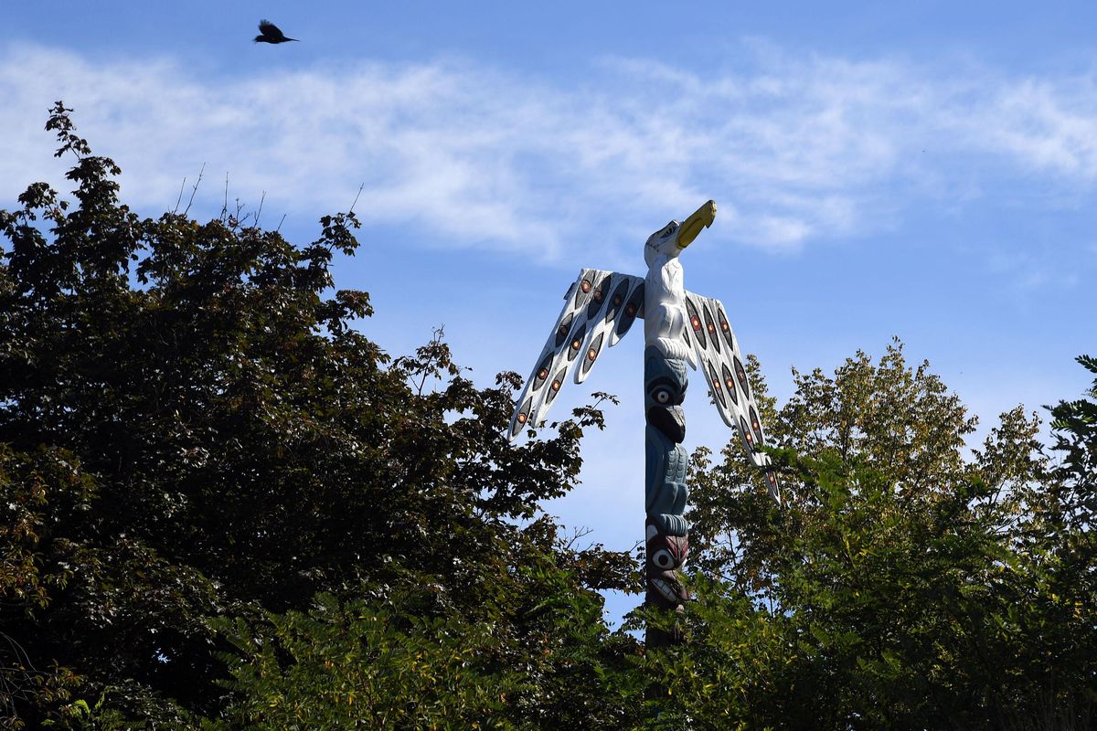 The totem pole that features an eagle spreading its wing was added 1978 by the Inland Northwest Wildlife Council. Photo taken in 2016. (Dan Pelle / The Spokesman-Review)