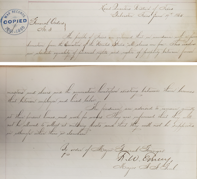 General Order No. 3, was issued by Maj. Gen. Gordon Granger on June 19, 1865. The announcement made in Galveston, Texas, is the basis for the Juneteenth holiday, which celebrates the end of slavery in the United States.  (National Archives)