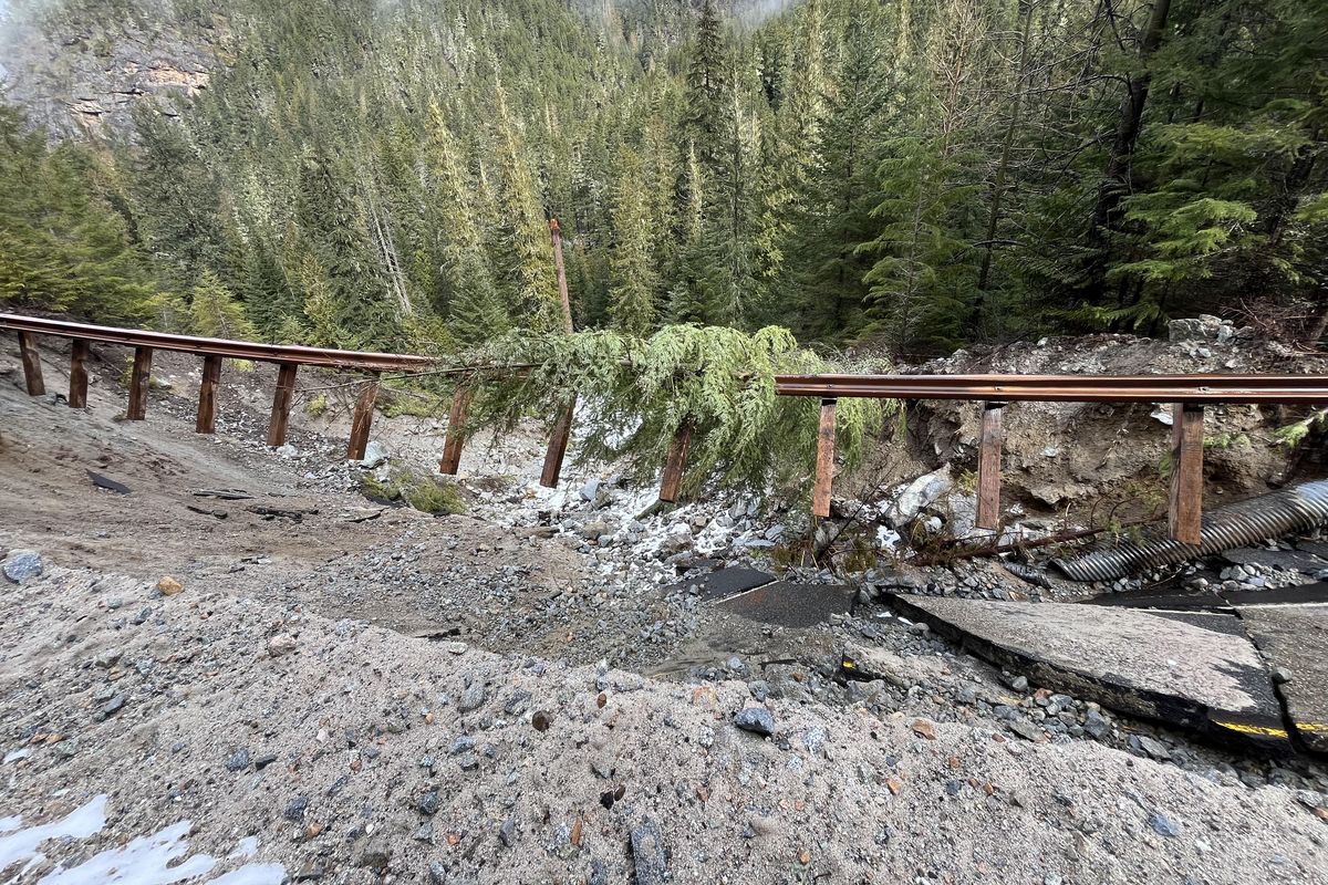 A section of state Route 20 was undermined and collapsed during an atmospheric river in December. The heavy runoff overwhelmed culverts near milepost 145, sending water across and beneath the highway and washed away material that supported the roadway. (WSDOT)