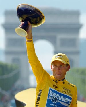 FILE - In this July 24, 2005, file photo, Lance Armstrong holds the winner's trophy after claiming his seventh straight Tour de France cycling race during ceremonies on the Champs-Elysees avenue in Paris after the 21st and final stage of the race between Corbeil-Essonnes, south of Paris, and the French capital. U.S. Anti-Doping Agency chief executive Travis Tygart said Thursday, Aug. 23, 2012, that the agency will ban Armstrong from cycling for life and strip him of his seven Tour de France titles for doping. Armstrong on Thursday night dropped any further challenges to USADA's allegations that he took performance-enhancing drugs to win cycling's premier event from 1999-2005. (Bernard Papon / Pool L'equipe)
