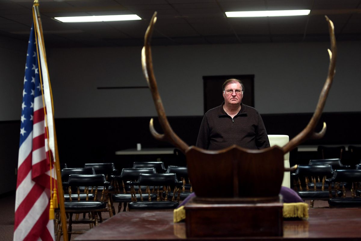 “They just started breaking stuff and figured they wouldn’t get caught,” said Lynn Hurd, as he stood near a set of elk antlers that were thrown over a hill during a recent break in at The Elks Lodge in Spokane Valley. He talked about the incident on Thursday, Jan. 25, 2018. The Elk’s sold the building and are looking for a new location. (Kathy Plonka/THE SPOKESMAN-REVIEW)