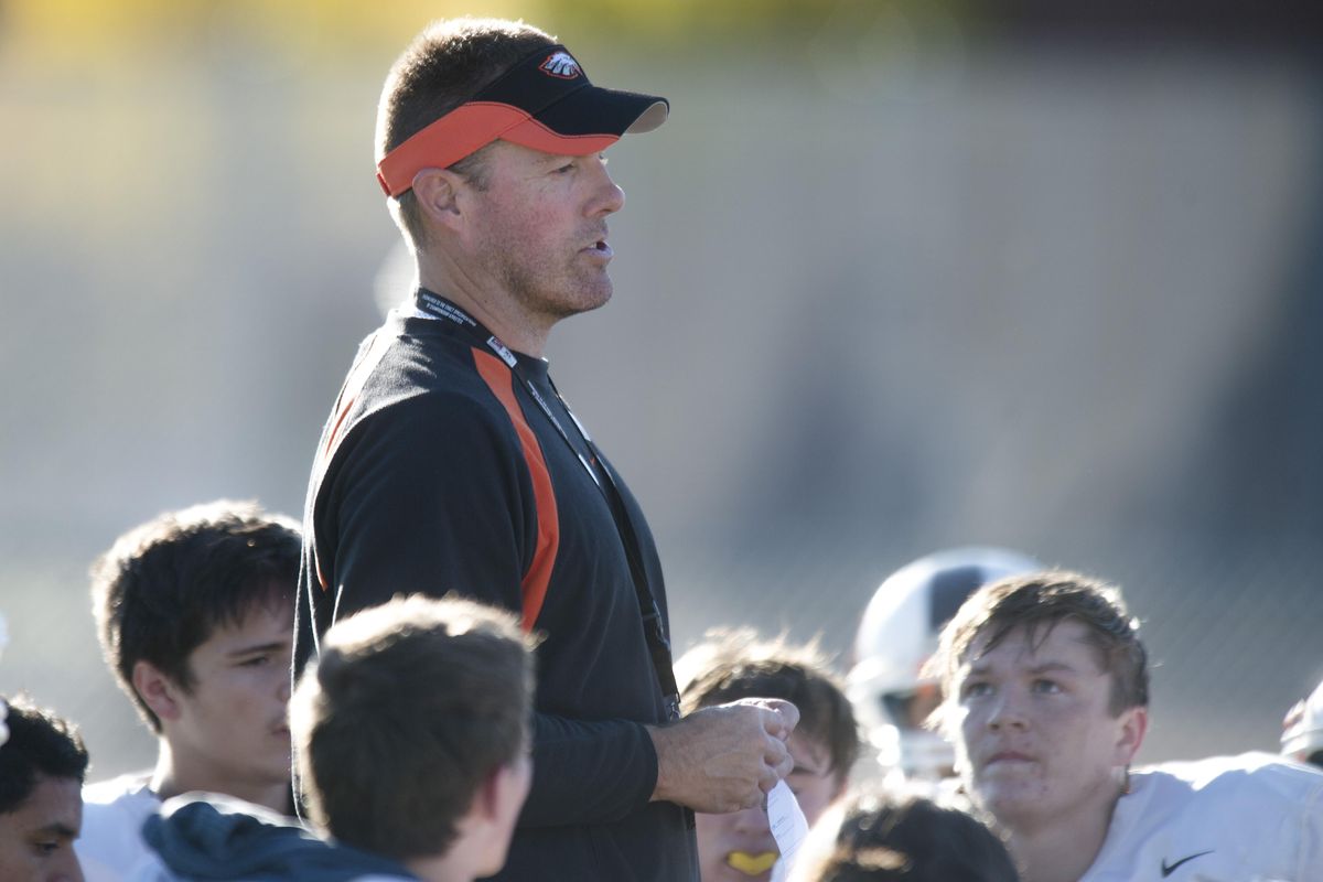 West Valley head coach Craig Whitney speaks with his team on Tuesday, Oct 11, 2016, at West Valley High School in Spokane Valley. (Tyler Tjomsland / The Spokesman-Review)