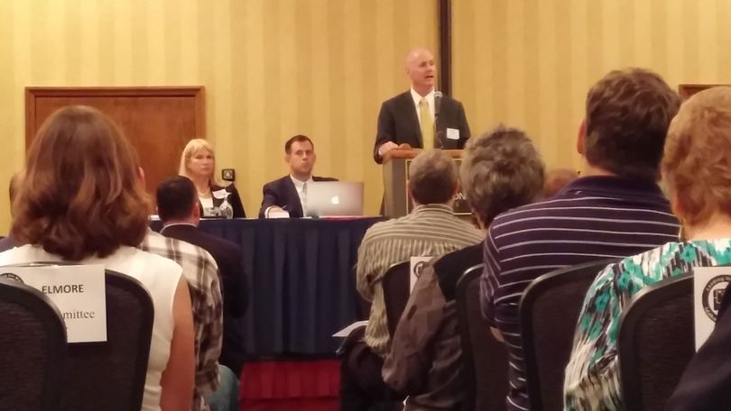 Steve Yates pitches his candidacy for Idaho GOP chairman to the state central committee; he was elected, defeating two other candidates. (Idaho Public TV / Melissa Davlin)