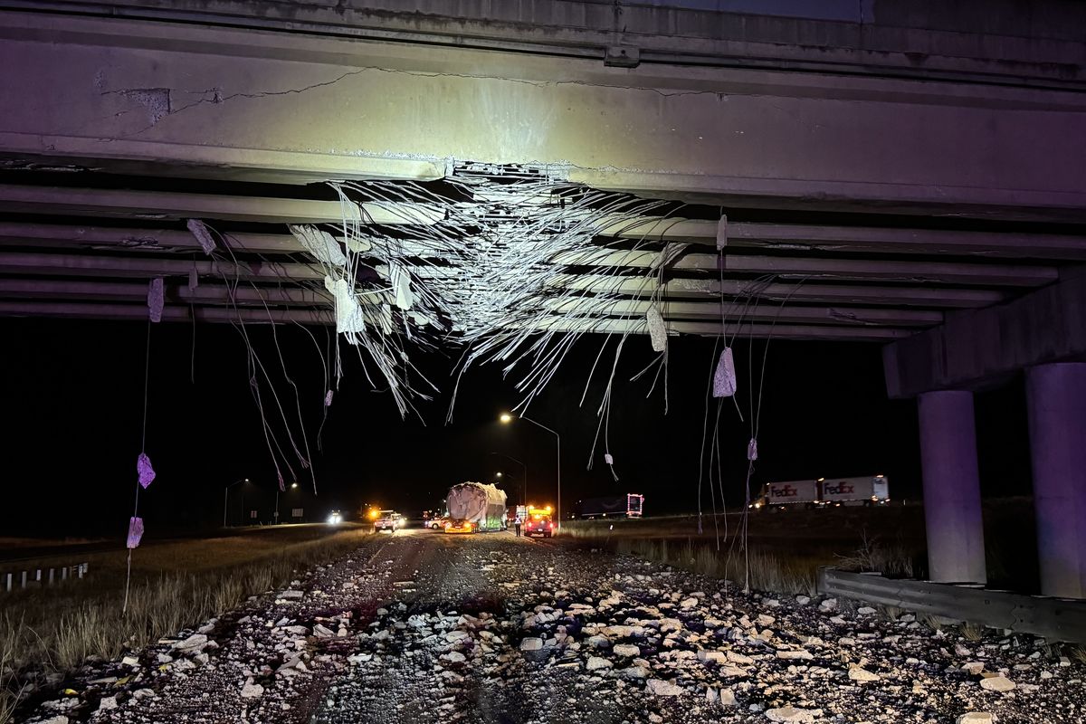 Westbound Interstate 90 is closed near Cle Elum after an oversized vehicle struck the Bullfrog Road overpass about 10 p.m. Tuesday.  (Courtesy Washington State Department of Transportation)